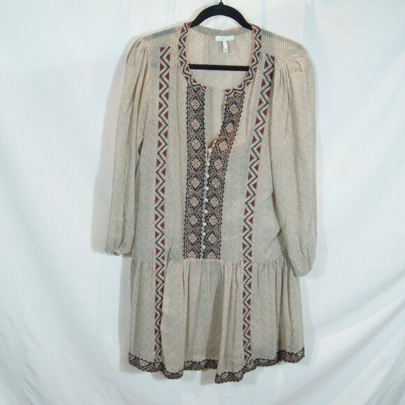 Joie | 100 % Silk Boho Peasant Dress Beige Black Embroidered | Size S - Picture 3 of 8